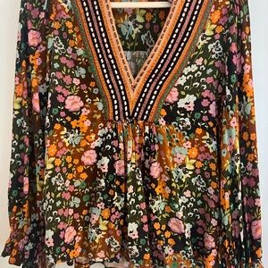 Black and Orange Ruffled Long Sleeve Blouse